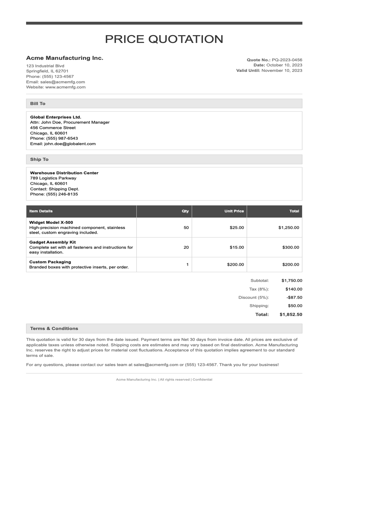 Professional price quotation template with itemized table and terms section_variant_1